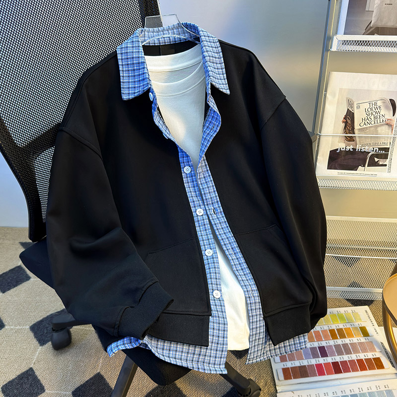 高级感假两件拼接格子衬衫翻领卫衣男女灰色开衫外套简约ins潮流