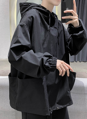 秋季暗黑系纯色薄款卫衣男士炸街潮流宽松bf上衣连帽工装机能外套