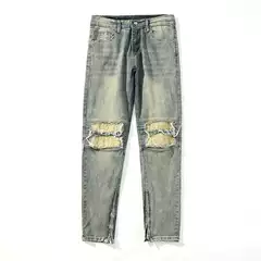 Men's Distressed Washed Denim Jeans Baggy Straight Leg Streetwear Y2K Wide Leg Drawstring Pants