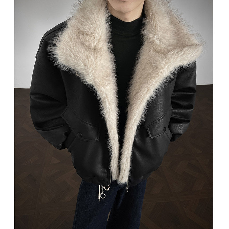 美式毛领座山雕羽绒棉服男女冬季加厚保暖痞帅PU皮机车棉袄子外套