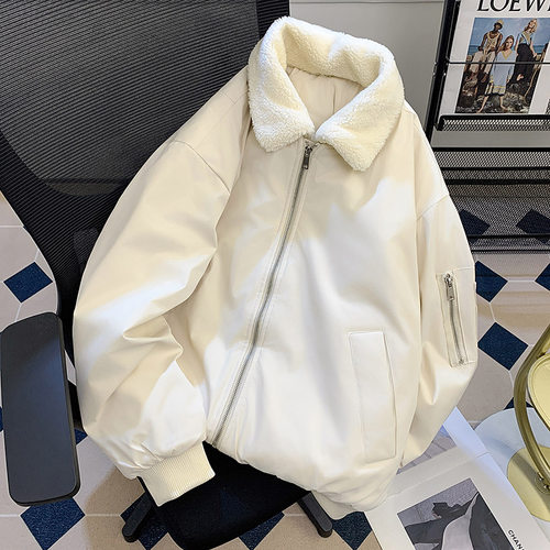 冬季羊羔绒翻领棉服男女廓形百搭保暖短款御寒工装加绒棉袄子加厚