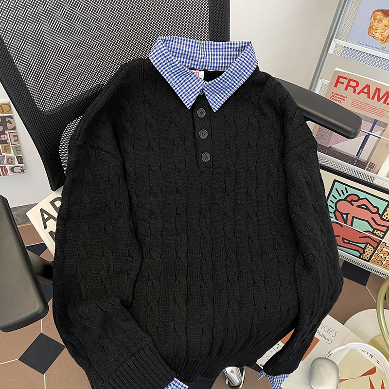 假两件拼接衬衫领毛衣男早秋氛围感穿搭韩系轻熟风纽扣针织衫外套