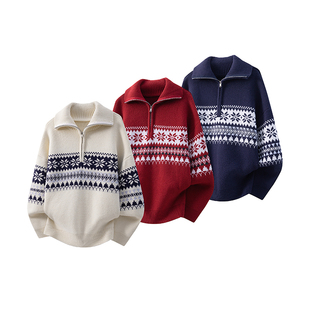 男女宽松休闲红色毛衣情侣款 美式 复古费尔岛提花半拉链高领针织衫