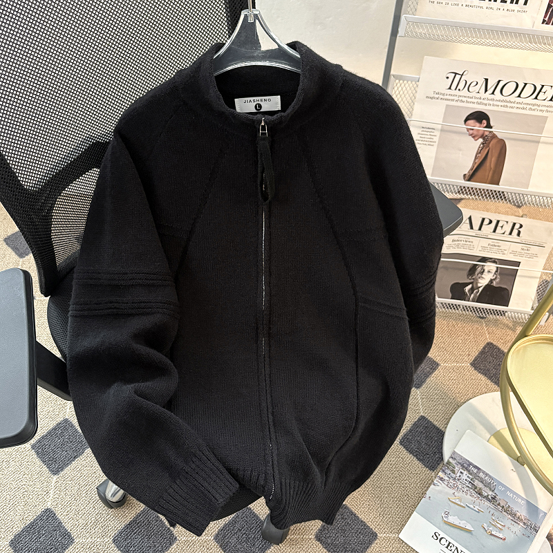 灰色重磅拉链开衫毛衣男款cleanfit美式休闲针织毛衫外穿立领长袖