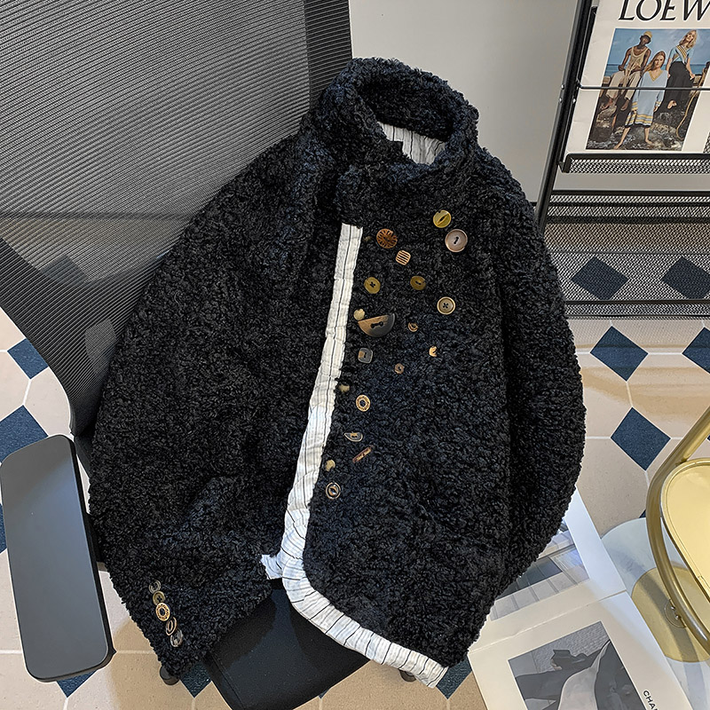 2025冬季保暖皮毛一体棉衣男女宽松设计感小众羊羔绒外套短款夹克