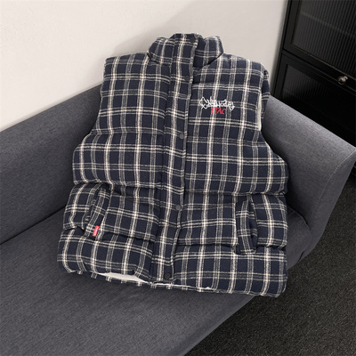 2025年冬季加厚坎肩格纹羽绒马甲男生立领格子无袖背心棉衣青少年