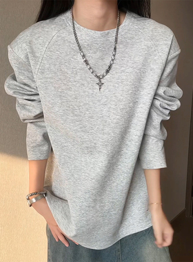 美式麻灰色正肩长袖t恤男春秋季重磅解构百搭卫衣圆领打底体恤衫