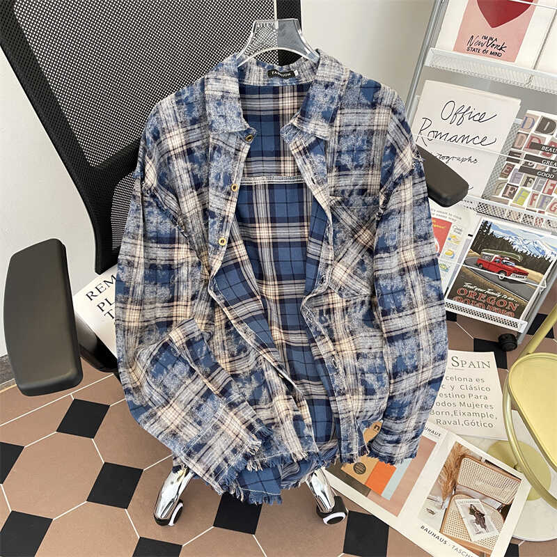 vintage格纹长袖扎染黄蓝衬衫
