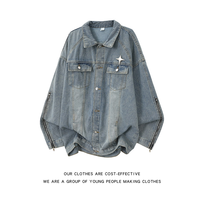 cleanfit美式复古蓝色牛仔外套男装秋季水洗做旧短款工装夹克褂子
