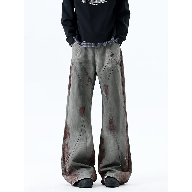 解构微喇弯刀牛仔长裤男女高街cleanfit废土风做旧重磅扎染工装裤