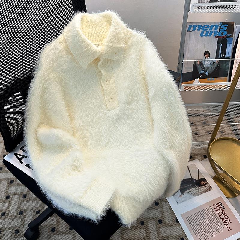 韩系杏色纽扣polo领软糯毛衣男高级感针织衫加厚水貂绒内搭打底衫