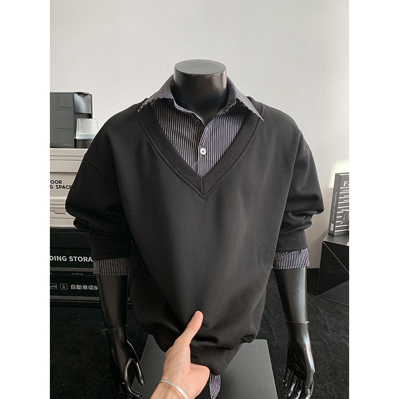 秋冬季假两件撞色衬衫领卫衣男女韩系时尚设计感宽松百搭套头衣服