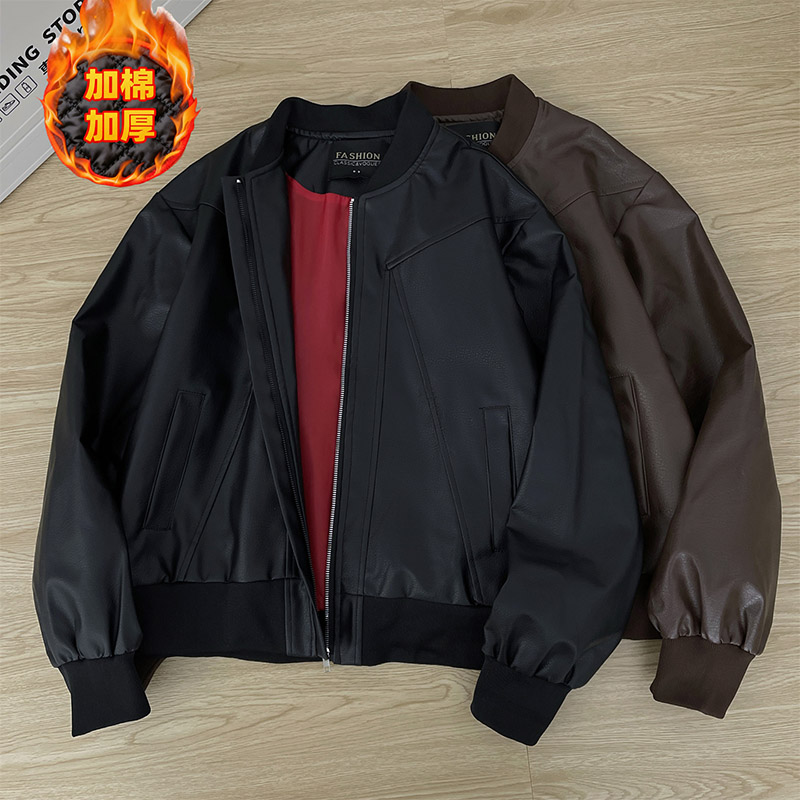 美式解构pu皮衣棉衣外套男款冬季cleanfit棒球服短款夹棉机车棉袄