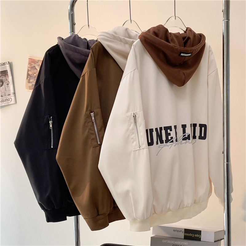 美式复古假两件连帽外套