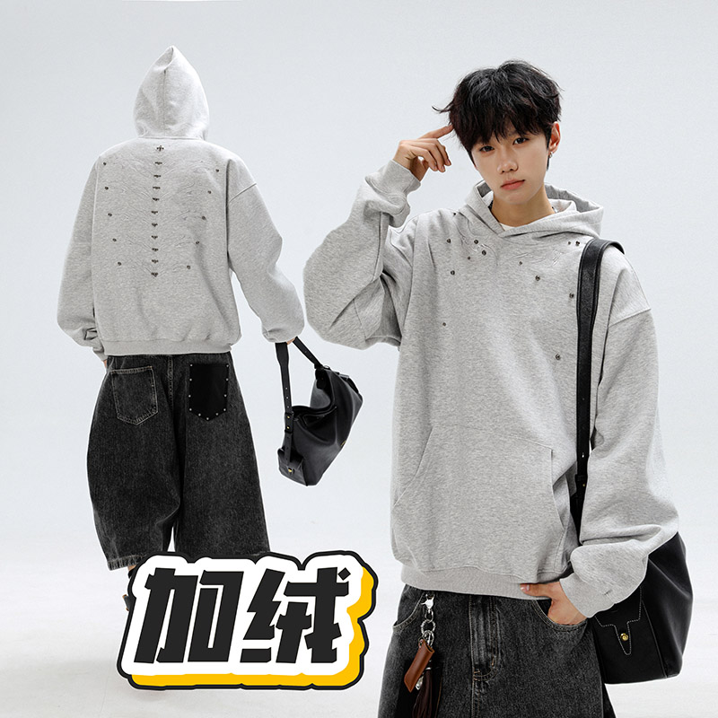 重工钉珠刺绣连帽加绒卫衣男女冬季小众设计感加厚上衣宽松外套潮