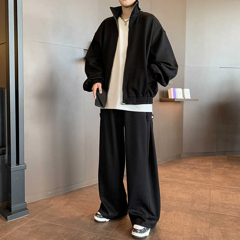 外套卫衣男生灰色开衫穿搭重磅直筒运动裤子潮流cleanfit两件套装