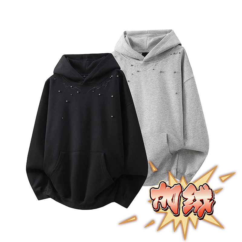 美式小众脊骨钉珠刺绣连帽加绒卫衣男女款复古宽松加厚设计感上衣