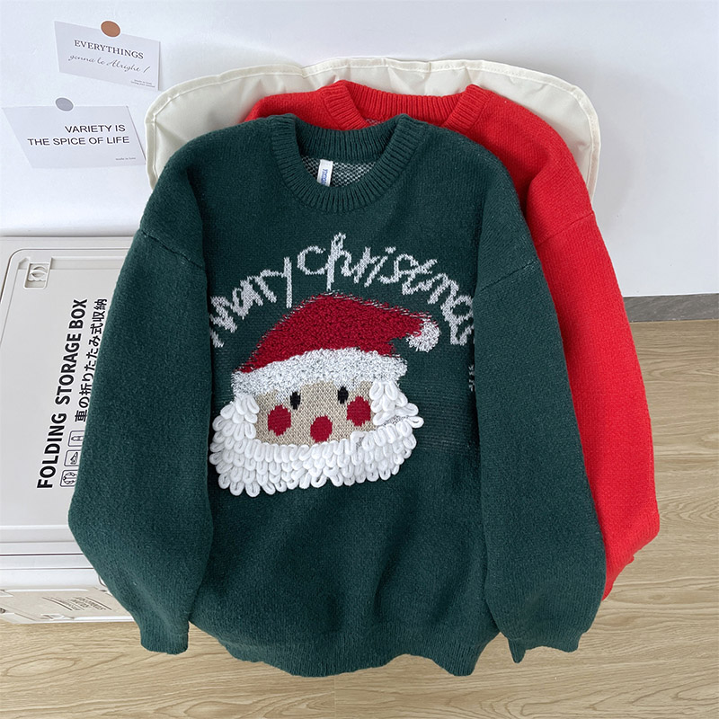 圣诞加厚鹿毛绒圆领毛衣男女秋冬季美式情侣装宽松百搭休闲针织衫