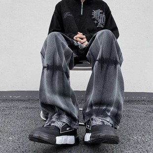 国潮扎染松紧腰牛仔裤 休闲阔腿 男士 嘻哈宽松痞帅直筒ins喇叭长裤