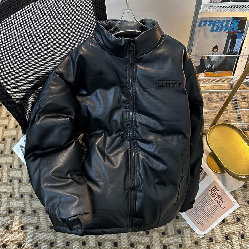 时尚黑色pu皮棉衣男士冬季立领加厚防寒外套宽松韩版羽绒棉服袄子