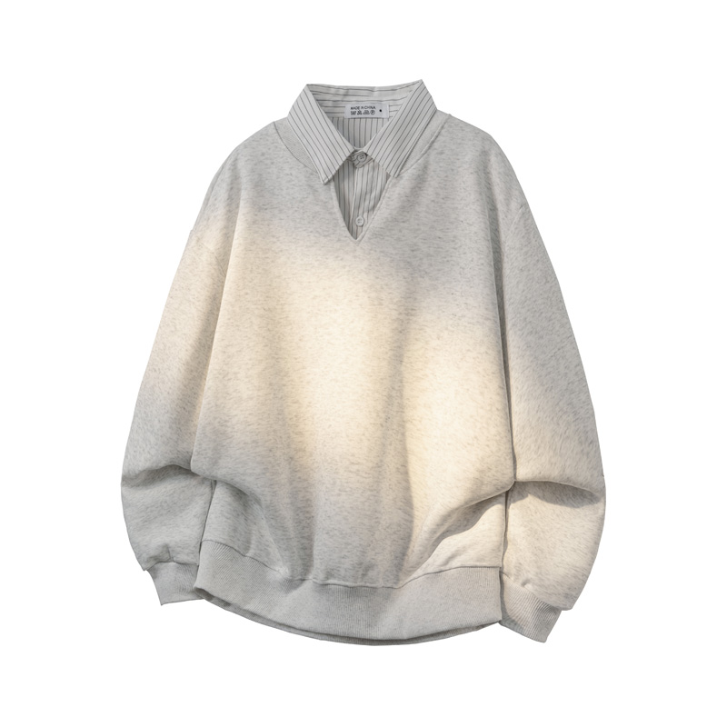 重磅假两件条纹拼接衬衫领卫衣男生秋季高级感美式POLO衫打底长袖