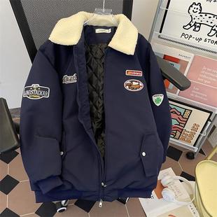 保暖棉服工装 复古刺绣羊羔绒翻领棉衣男女加厚外套冬季 宽松情侣款