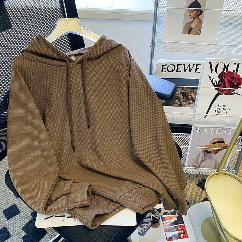 秋冬华夫格纯色连帽针织衫卫衣男女bf设计感小众编织抽绳宽松百搭