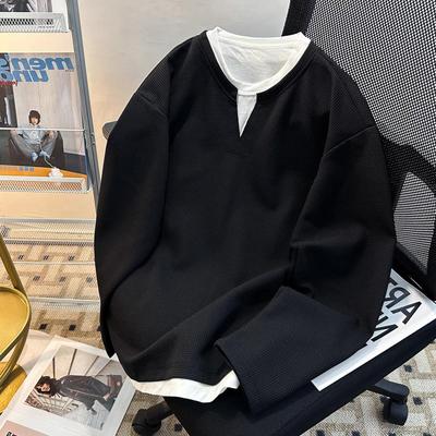 华夫格假两件V领卫衣男款美式复古重磅ins潮灰色长袖T恤上衣无帽