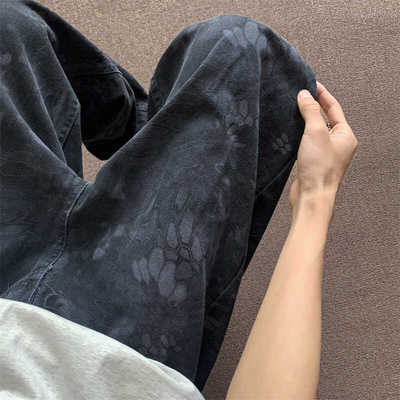 美式高街vibe微喇裤子男装设计感小众蛇纹迷彩弯刀牛仔裤直筒阔腿