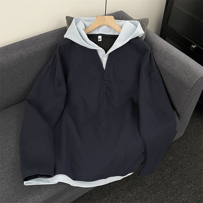 cleanfit灰色重磅假两件连帽卫衣男女款宽松休闲内搭简约帽衫上衣