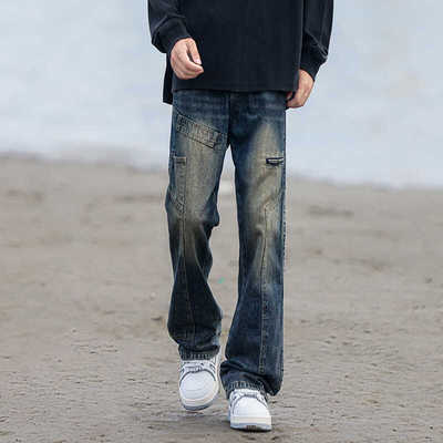 复古半松紧伐木牛仔裤子男潮牌vibe高街微喇青年工装宽松直筒长裤