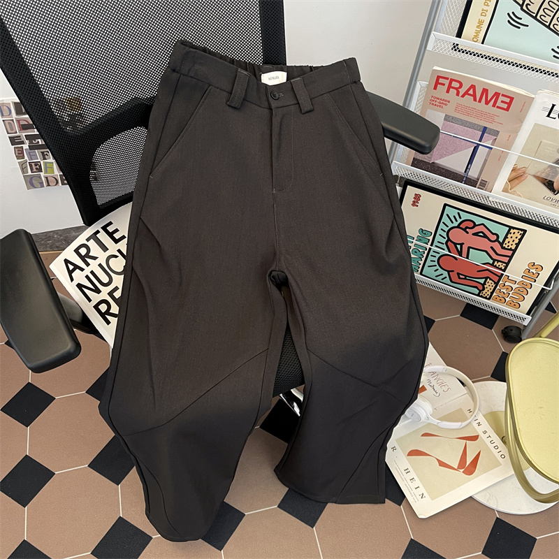 解构拼接立体剪裁褶皱免烫西装长裤男生休闲垂感小西裤半松紧微喇