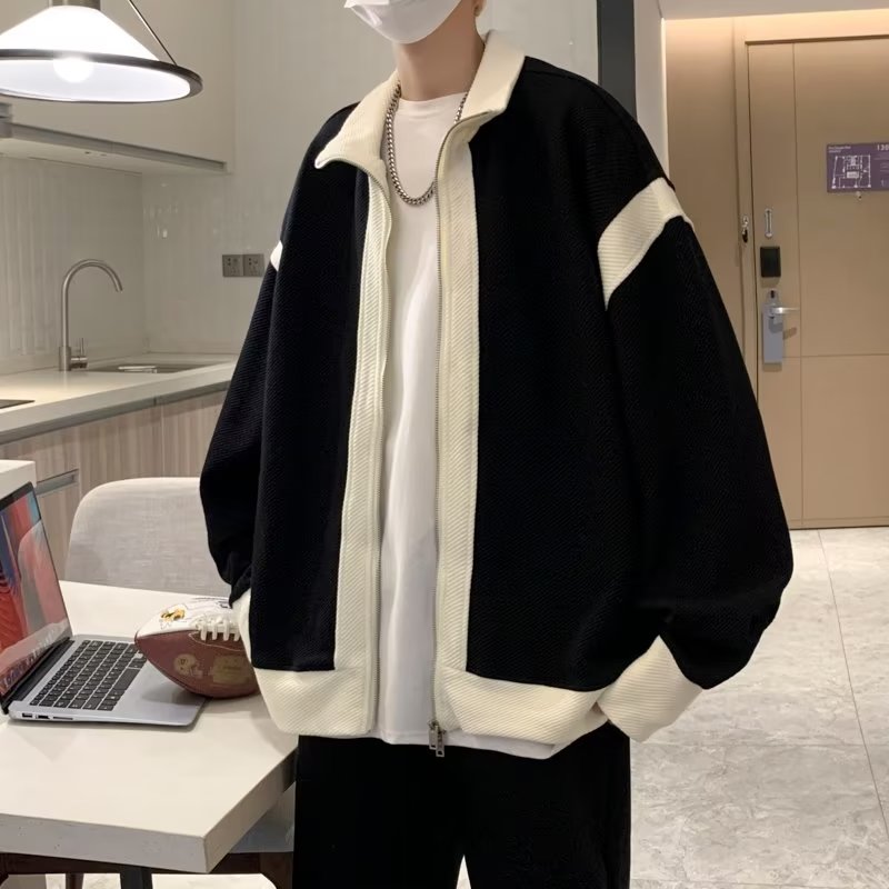 双拉链夹克男女秋季宽松潮牌ins港风拼色外套情侣休闲针织衫上衣