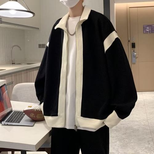 双拉链夹克男女秋季宽松潮牌ins港风拼色外套情侣休闲针织衫上衣