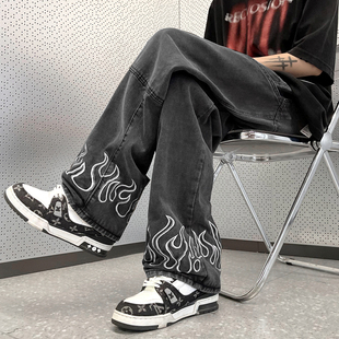 男bf春夏设计感火焰图案宽松阔腿长裤 直筒休闲潮牌美式 街头牛仔裤