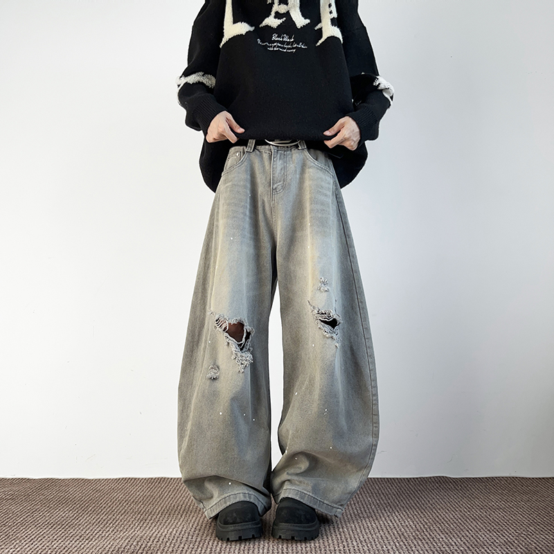 高街泼墨脏染破洞水洗弯刀牛仔裤男女设计垂感阔腿显瘦微喇长裤子