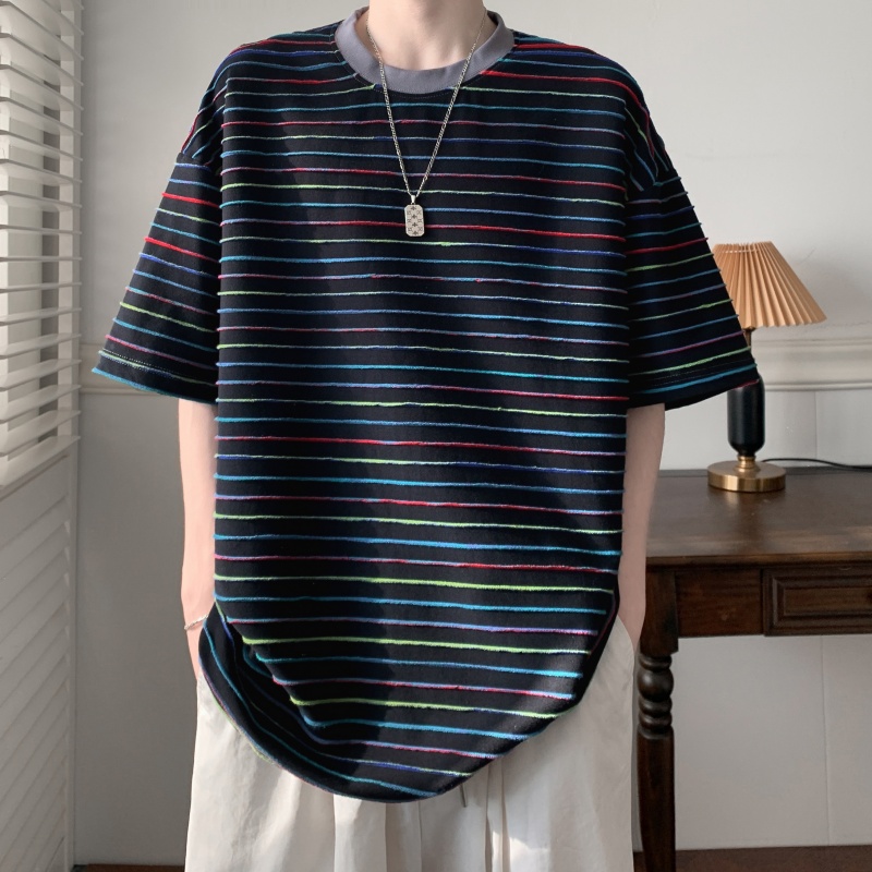 重磅多色条纹短袖T恤男女夏季2025新款小领口五分袖情侣上衣宽松
