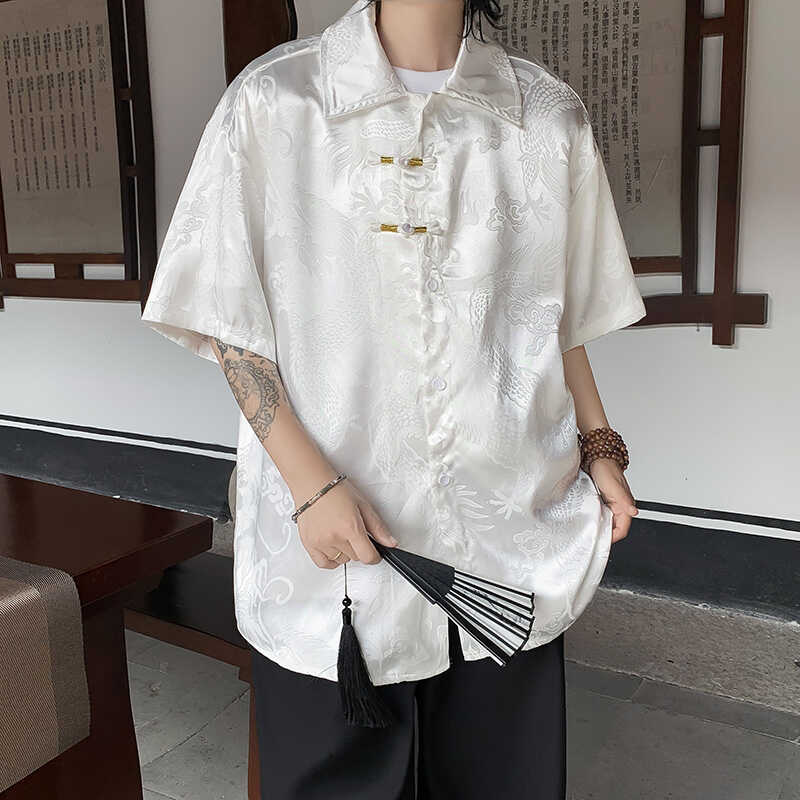 时尚中国风短袖提花冰丝衬衫男装痞帅ins宽松新中式唐装衬衣外套