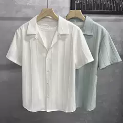Light Mature Style Men's Clothing, Ice Silk Cuban Collar Textured Striped Short-Sleeved Shirt, Stylish and Cool Five-Quarter Sleeve Shirt