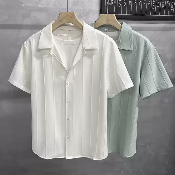 Light Mature Style Men's Clothing, Ice Silk Cuban Collar Textured Striped Short-Sleeved Shirt, Stylish and Cool Five-Quarter Sleeve Shirt