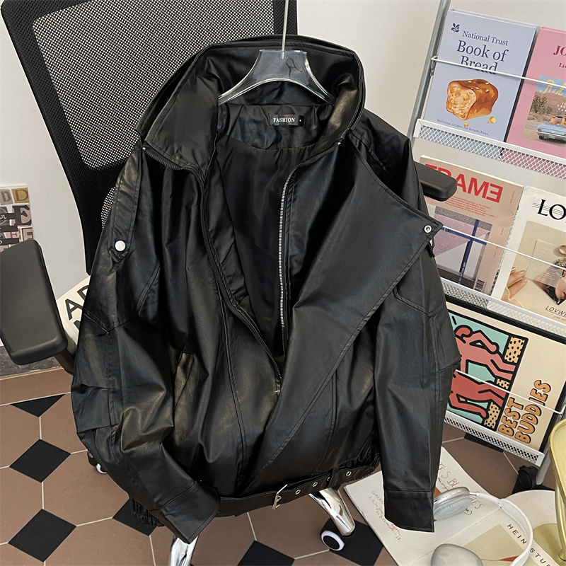 高级感男装机车短款立领皮衣外套春秋款ins潮流宽松垫肩pu皮夹克