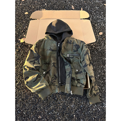 美式假两件迷彩夹棉外套男款冬季短款廓形飞行夹克棒球服防风加厚