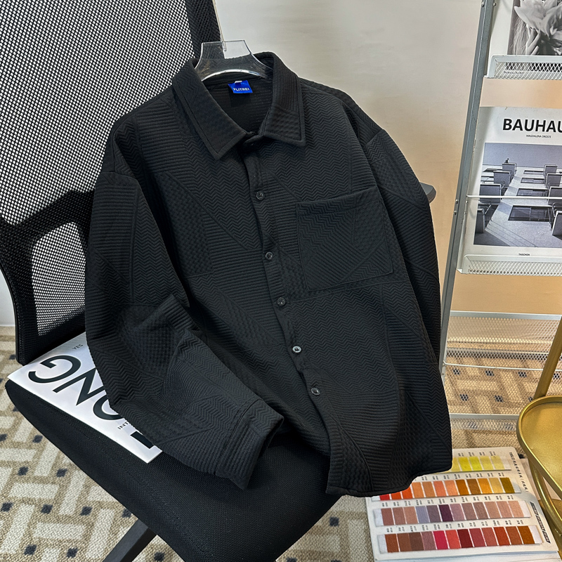 提花长袖口袋衬衫男士高级感帅气2025春秋季新款宽松休闲翻领衬衣