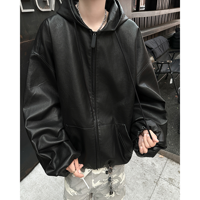 连帽pu皮衣工装外套男生短款痞帅高级感黑色美式机车骑行服皮夹克