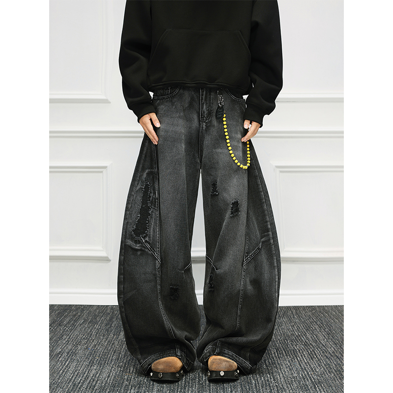 水洗做旧廓形倒穿破洞牛仔裤男装美式解构复古小众宽松阔腿弯刀裤