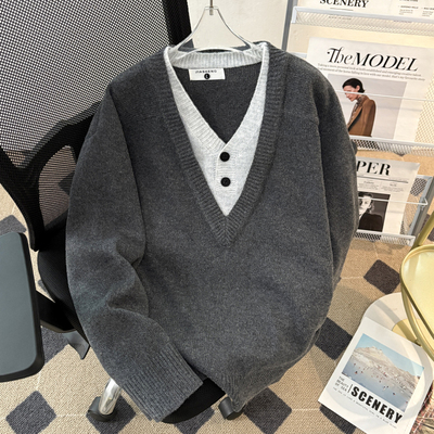 假两件拼接v领长袖毛衣男生秋冬老钱风polo内搭高级感针织衫套头