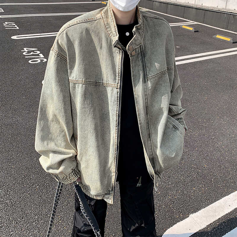 重磅水洗牛仔外套男士秋季潮牌宽松立领vintage潮流痞帅拉链夹克