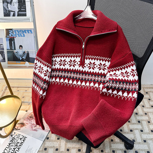 费尔岛提花米色针织衫男女冬季拼接半拉链POLO领毛衣宽松情侣外套