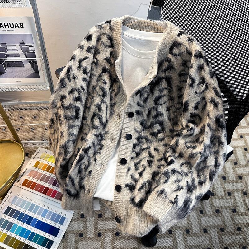 重磅豹纹开衫V领毛衣男女冬季宽松cleanfit潮无领针织衫纽扣外套