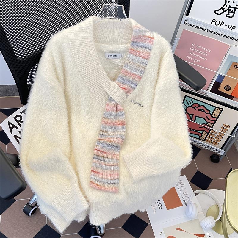 仿貂毛长袖针织衫男女韩版V领围巾拼接打底情侣保暖软糯毛衣ins潮